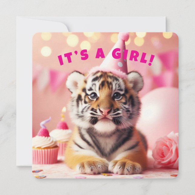 Baby Tiger Niedlich Baby Reveal Girl Pink Einladung (Vorderseite)