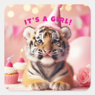 Baby Tiger Niedlich Baby Reveal Girl Pink Quadratischer Aufkleber