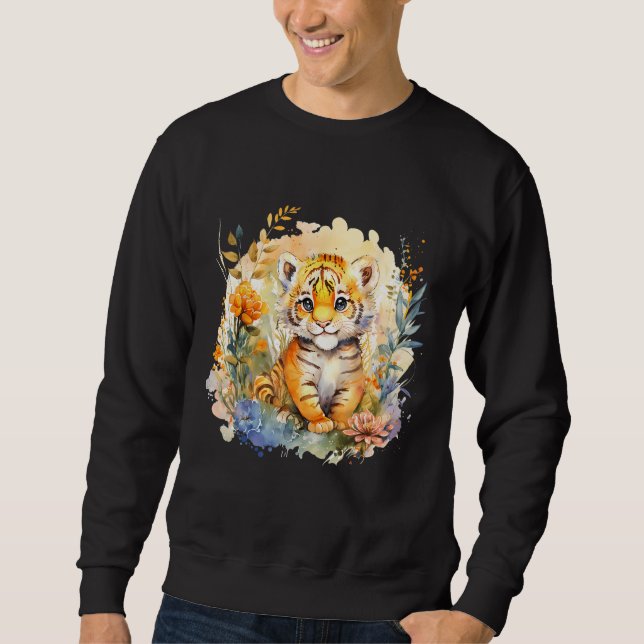 Baby Tiger Safari Animal Watercolor Floral Sweatshirt (Vorderseite)