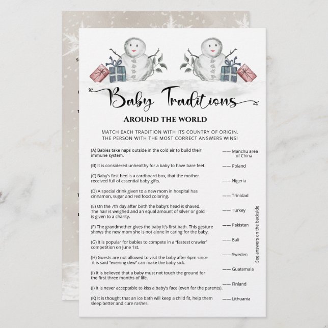 Baby Traditionen Snowman Baby Shower Game (Vorne/Hinten)