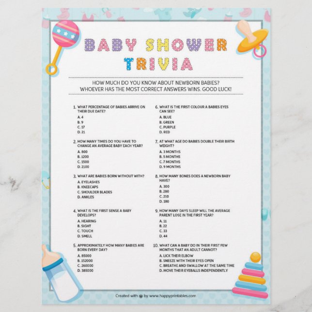 Baby Trivia Baby Shower Games [Baby Basics Blue] Briefbogen (Vorderseite)