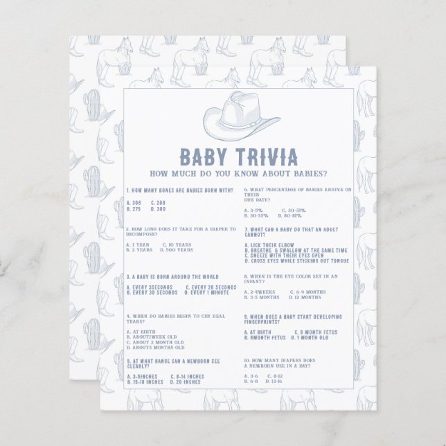 Baby Trivia Cowboy Baby Dusche (Vorne/Hinten)