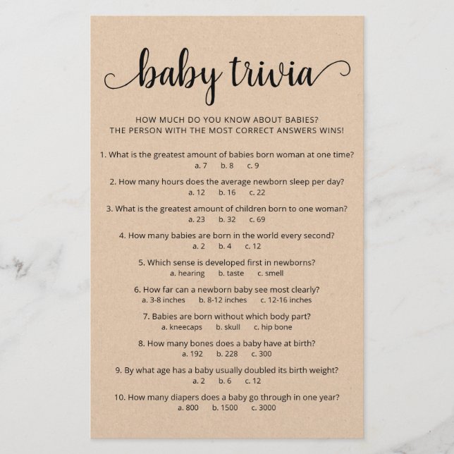 Baby Trivia Spiel mit dem Answers Baby Dusche Part (Vorderseite)