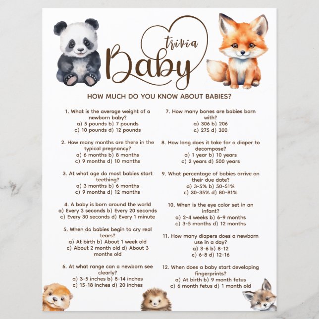 Baby Trivia Woodland Animals Baby Showspiel (Vorderseite)