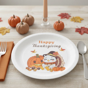 Baby Truthahn und Kürbis feiern Thanksgiving  Pappteller