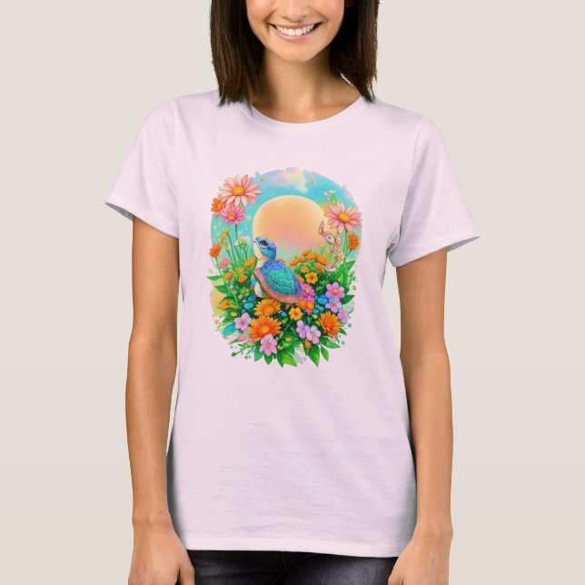 Baby Turtle Sunrise Wildflower Garden Watercolor T-Shirt (Vorderseite)