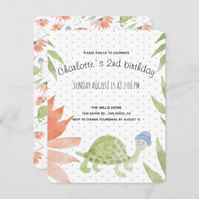 Baby Turtle Watercolor Handgemalt Save The Date (Vorne/Hinten)