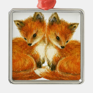 Baby Twin Foxes Silbernes Ornament