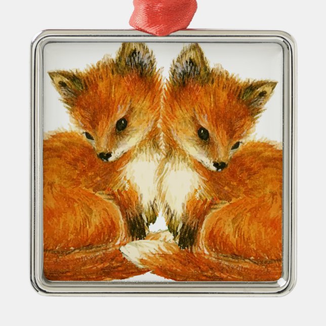 Baby Twin Foxes Silbernes Ornament (Vorne)
