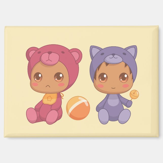 Baby Twins Bear Cat Jumpsuit 2 Gelb Magnet (Vorderseite)