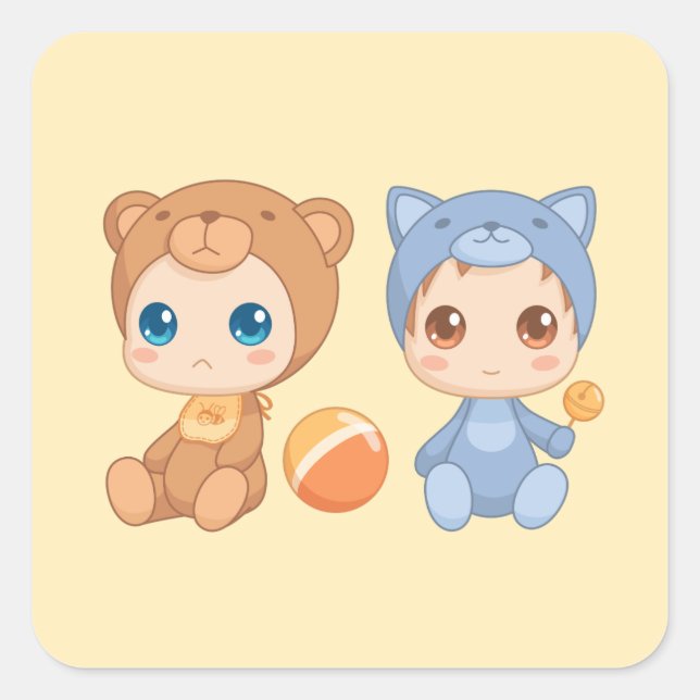 Baby Twins Bear Cat Jumpsuit on Yellow 2 Quadratischer Aufkleber (Vorderseite)