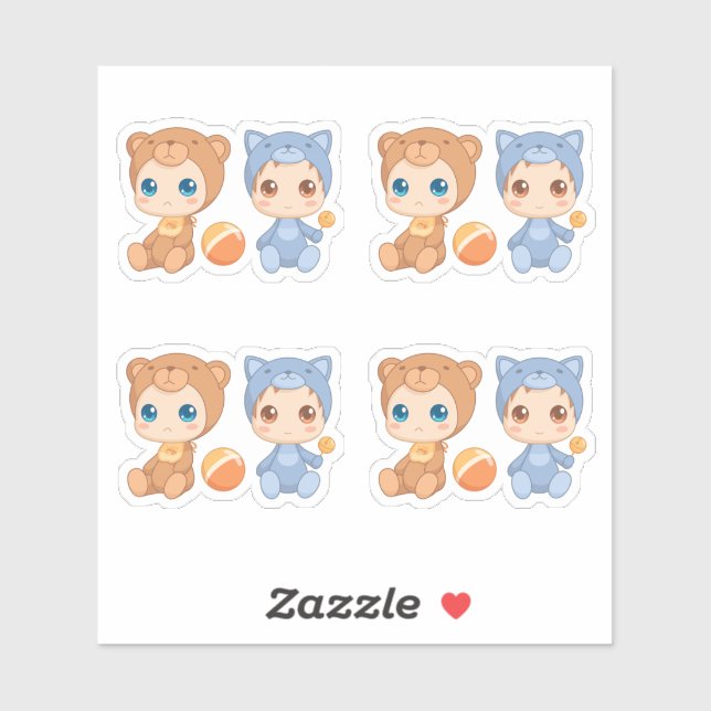 Baby Twins Bear Cat Jumpsuit Set 4 Aufkleber (Blatt)