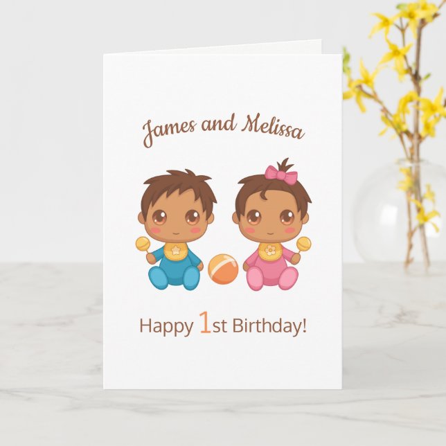 Baby Twins Boy Girl First Birthday Blank Card Karte (Gelbe Blume)
