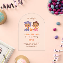 Baby Twins First Birthday Girl Bear Jumpsuit 2 Acryleinladungen