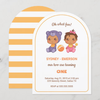 Baby Twins First Birthday Girl Bear Jumpsuit 2 Einladung