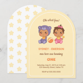 Baby Twins First Birthday Girl Bear Yellow 1 Invit Einladung