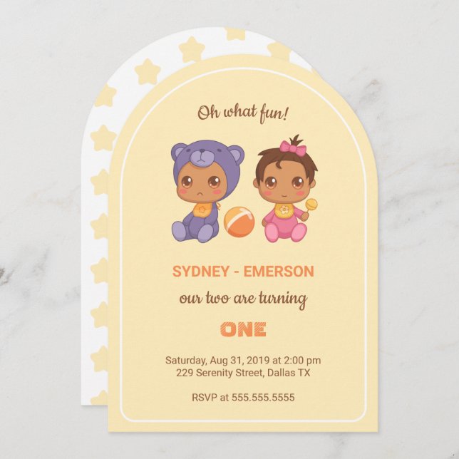 Baby Twins First Birthday Girl Bear Yellow 1 Invit Einladung (Vorne/Hinten)