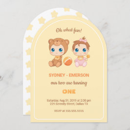 Baby Twins First Birthday Girl Bear Yellow Einladung