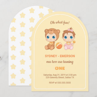 Baby Twins First Birthday Girl Bear Yellow Einladung