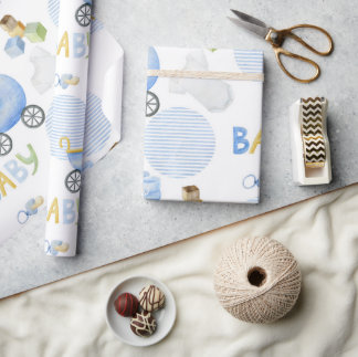 Baby Typog Blue Pattern Watercolor Baby Boy Dusche Geschenkpapier