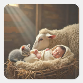 Baby und Kitten schlafen in einer Scheune Quadratischer Aufkleber