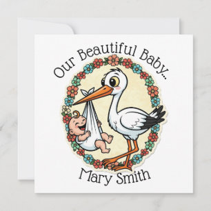 Baby- und Storch-Design im Vintage-Stil Einladung