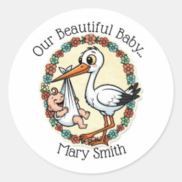 Baby- und Storch-Design im Vintage-Stil Runder Aufkleber