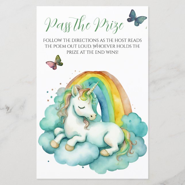 Baby Unicorn Baby Shower Pass das Preisspiel (Rückseite)