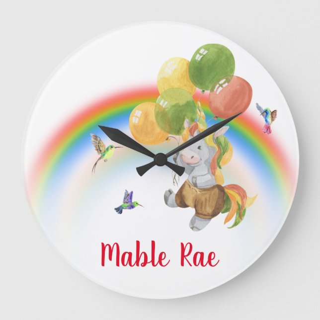Baby Unicorn mit Balloon Rainbow Name   Große Wanduhr (Vorderseite)