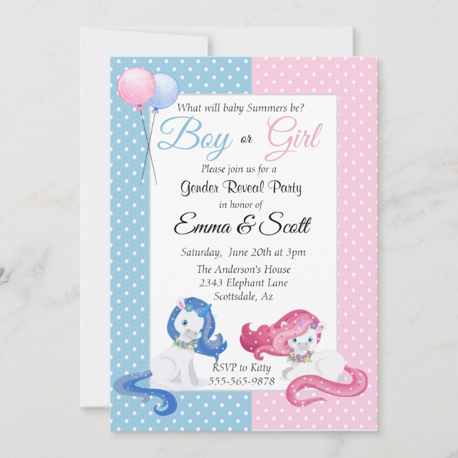 Baby Unicorn Pink Blue Gender Reveal Party Einladung (Vorderseite)