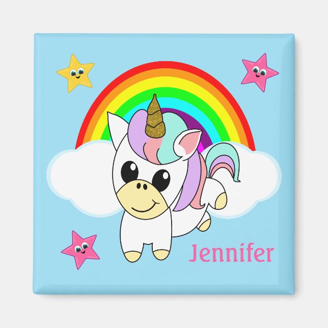 Baby Unicorn Regenbogen und Wolken Personalisiert Magnet (Vorne)