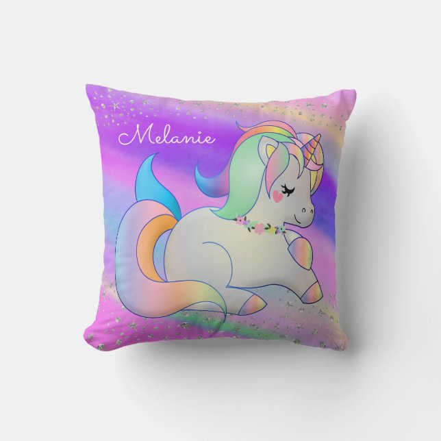 Baby Unicorn Silver Stars Regenbogen Kissen (Vorderseite)