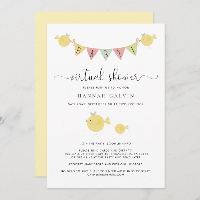 Baby Virtual Dusche | Mama Bird & Baby Chick Einladung (Vorne/Hinten)