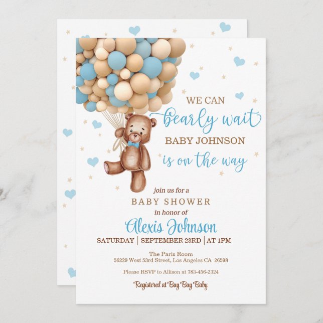 Baby Wait Hot Air Ballon Baby Shower (Boy) Einladung (Vorne/Hinten)