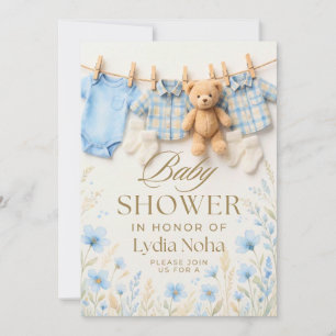 Baby Wäscheleine Babyparty-Einladung Blau Eins Karte