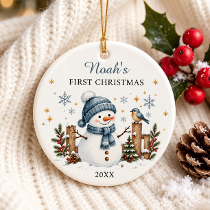Baby Weihnachten als süßer Schneemann Foto Keramik Ornament