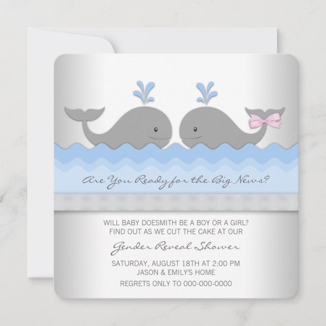 Baby Whale Gender Reveal Dusche Einladung (Vorderseite)
