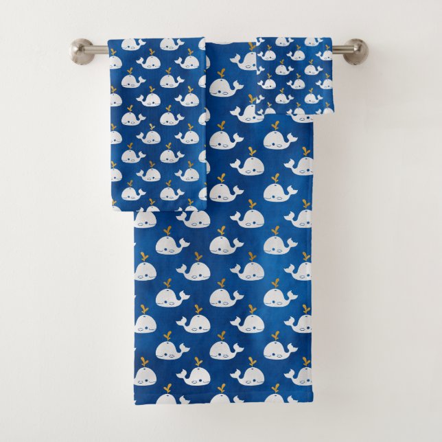 Baby Whales Blue and White Kid's Pattern Badhandtuch Set (Insitu)