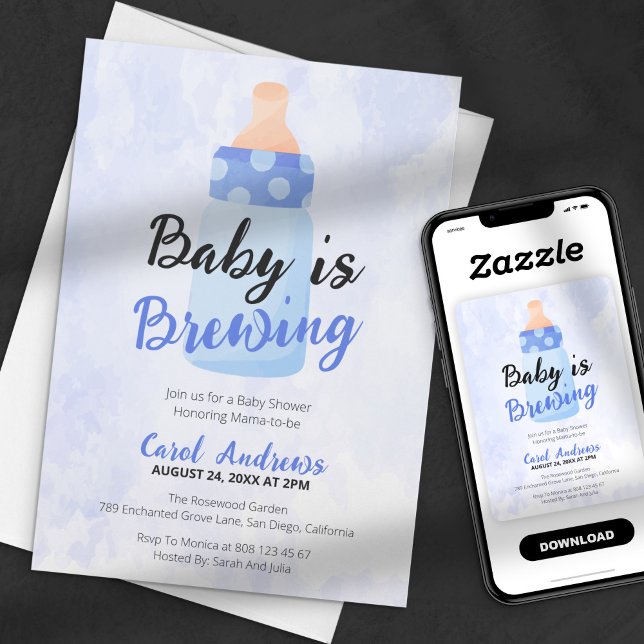 Baby wird Blue Bottle Watercolor Baby Shower Einladung (Von Creator hochgeladen)