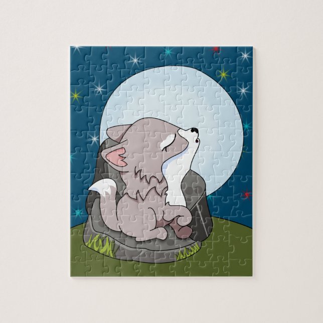 Baby-Wolf, der an einem Mond heult Puzzle (Vertikal)