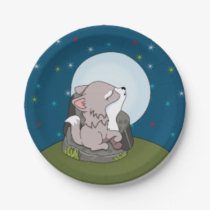 Baby Wolf heult den Mond an Pappteller