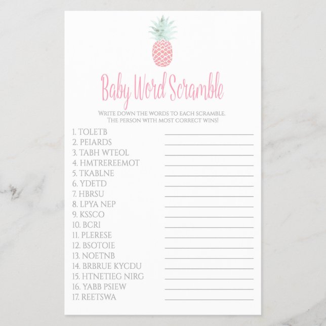 Baby Word Scramble Ananas Baby Shower Game Flyer (Vorne)