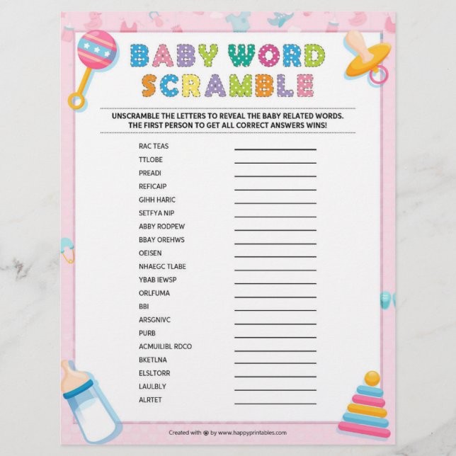 Baby Word Scramble [Baby Basics Pink] Briefbogen (Vorderseite)
