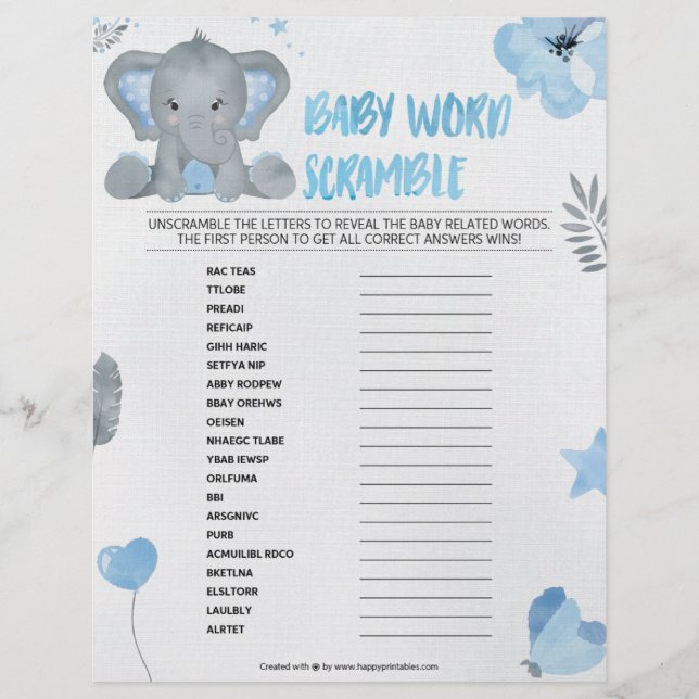 Baby Word Scramble [Baby Elephant [blau] Briefbogen (Vorderseite)
