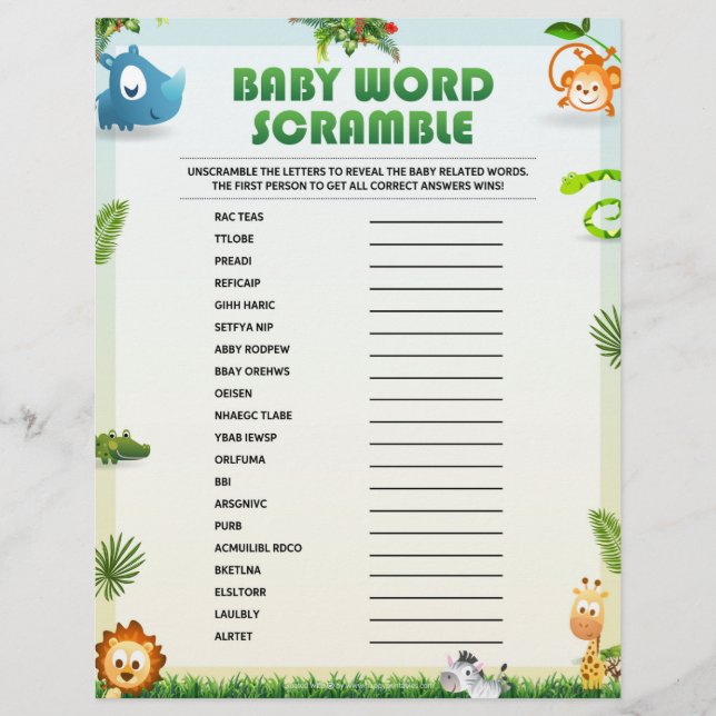 Baby Word Scramble Baby Shower Game [Tierthema] Briefbogen (Vorderseite)