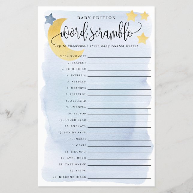 Baby Word Scramble, Blue Over Moon Paper Spielkart Flyer (Vorne)