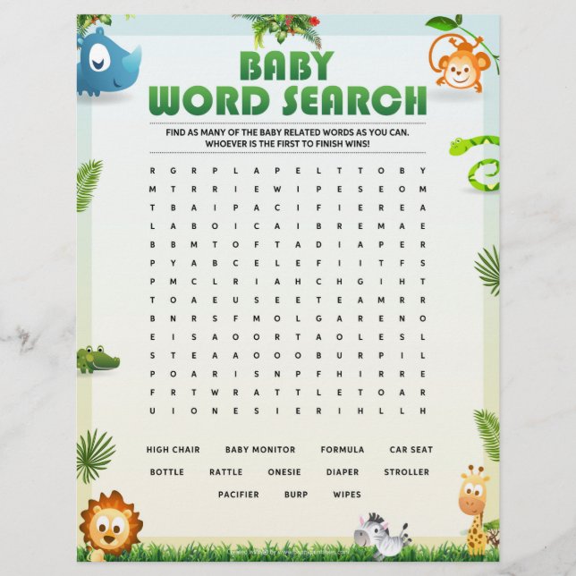 Baby Word Search Baby Shower Game [Tierthema] Briefbogen (Vorderseite)