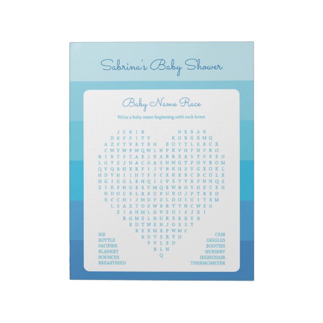 Baby Word Search Blue Ombre Stripes Baby Dusche Notizblock (Rotiert)