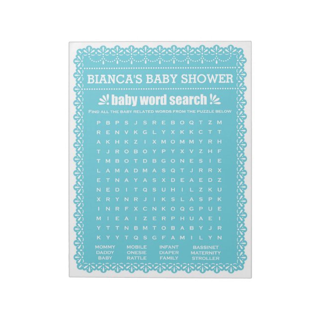 Baby Word Search Blue Papel Picado Kinderdusche Notizblock (Rotiert)