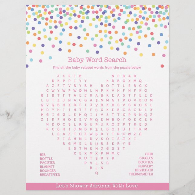 Baby Word Search Confetti Baby Showspiel (Vorderseite)